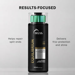 Truss Equilibrium Shampoo product graphic highlighting split-end repair, frizz protection, and shine.
