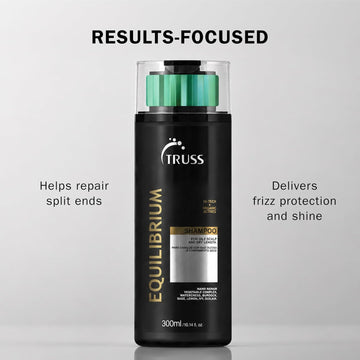 Truss Equilibrium Shampoo product graphic highlighting split-end repair, frizz protection, and shine.