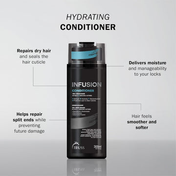 TRUSS Infusion Conditioner with benefits for moisturizing dry hair, repairing split ends, sealing cuticles, and improving softness