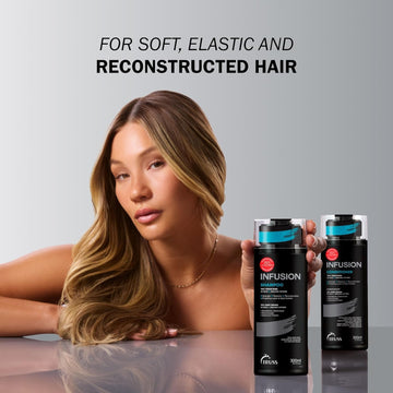 Model with long highlighted wavy hair beside TRUSS Infusion Shampoo and Conditioner, demonstrating soft, elastic and reconstructed hair
