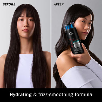 Before-and-after comparison showing long dark hair with a smoother, shinier finish after using TRUSS Miracle Conditioner.