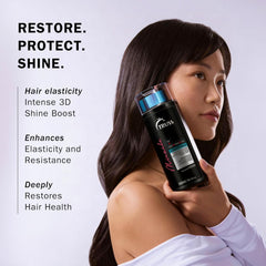 Model with long dark hair holding TRUSS Miracle Conditioner, highlighting hair elasticity, shine, resistance, and restoration benefits.