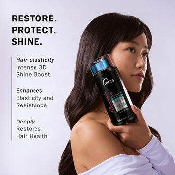 Model with long dark hair holding TRUSS Miracle Conditioner, highlighting hair elasticity, shine, resistance, and restoration benefits.