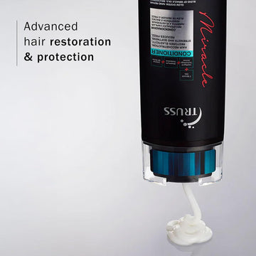 TRUSS Miracle Conditioner bottle dispensing creamy white conditioner with advanced hair restoration and protection message.