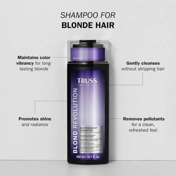 TRUSS Professional Blond Revolution Antioxidant Shampoo benefits include gentle cleansing, pollutant removal, shine and lasting blonde color vibrancy