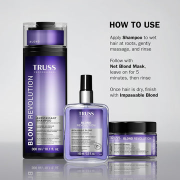 TRUSS Professional Blond Revolution routine with Antioxidant Shampoo, Net Blond Mask and Impassable Blond finisher application instructions
