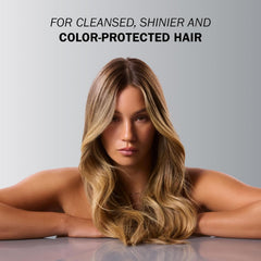 Model with long shiny dimensional blonde hair demonstrating a cleansed and color-protected result