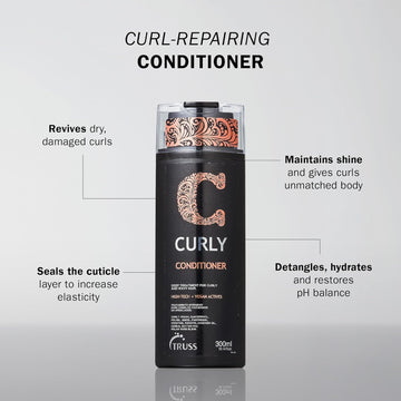 TRUSS Professional Curly Conditioner benefits for reviving dry curls and improving elasticity, hydration, shine and body