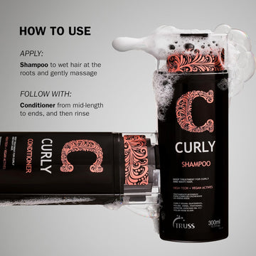TRUSS Professional Curly Shampoo and Conditioner with instructions for cleansing roots and conditioning mid-lengths and ends