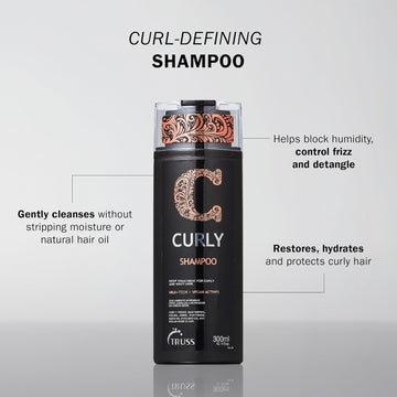 TRUSS Professional Curly Shampoo benefits include gentle cleansing, hydration, curl definition, detangling and frizz control