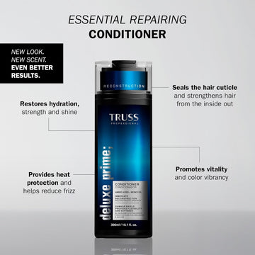 TRUSS Professional Deluxe Prime Conditioner benefits include restoring hydration, strength and shine, sealing cuticles and providing heat protection