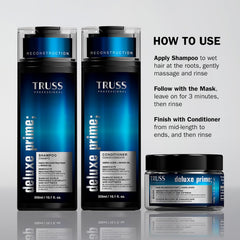 TRUSS Professional Deluxe Prime routine with shampoo, mask and conditioner application instructions