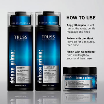 TRUSS Professional Deluxe Prime routine with shampoo, mask and conditioner application instructions