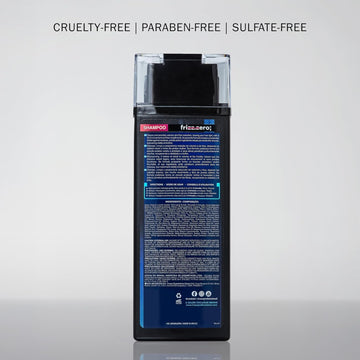 Back of TRUSS Professional Frizz Zero Shampoo 300 ml bottle showing directions, ingredients and cruelty-free, paraben-free and sulfate-free claims