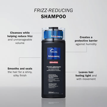 TRUSS Professional Frizz Zero Shampoo benefits include reducing frizz, sealing hair, protecting against humidity and creating a silky finish
