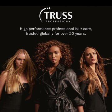 Truss Professional hair care brand graphic featuring three models with long blonde, curly brunette, and copper hair.