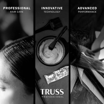 TRUSS Professional salon hair care graphic featuring product application, color mixing and foil highlighting techniques