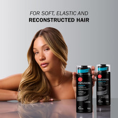 Model with long highlighted brown hair holding TRUSS Professional Infusion Shampoo beside Infusion Conditioner