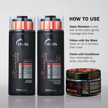 TRUSS Professional Miracle Summer routine with shampoo, mask and conditioner application instructions