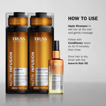 TRUSS Professional Nutri Infusion routine with shampoo, conditioner and nutritive hair oil application instructions