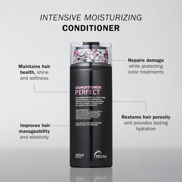 TRUSS Professional Perfect Conditioner benefits for hydration, damage repair, elasticity, softness and balanced hair porosity