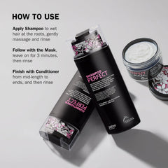TRUSS Professional Perfect Shampoo, Conditioner and Mask with application instructions for a complete hair care routine