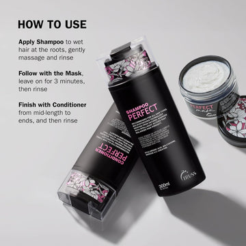 TRUSS Professional Perfect Shampoo, Conditioner and Mask with application instructions for a complete hair care routine