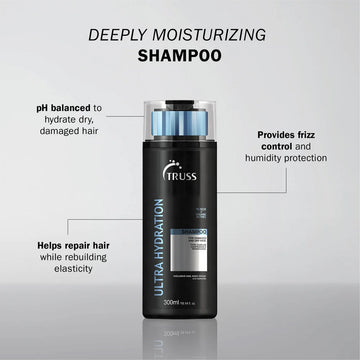 TRUSS Professional Ultra Hydration Shampoo with benefits for hydrating damaged hair, controlling frizz, protecting against humidity, and restoring elasticity
