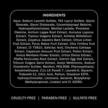 TRUSS Therapy Shampoo ingredients graphic with the full ingredient list and cruelty-free, paraben-free and sulfate-free claims.
