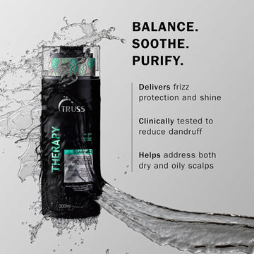 TRUSS Therapy Shampoo graphic highlighting dandruff reduction, frizz protection and shine, and care for dry and oily scalps.