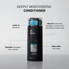 TRUSS Ultra Hydration Plus Conditioner benefits for locking in hydration, rebuilding damaged cuticles and adding shine and body