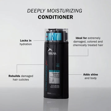 TRUSS Ultra Hydration Plus Conditioner benefits for locking in hydration, rebuilding damaged cuticles and adding shine and body