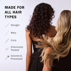 TRUSS Ultra Hydration Plus Shampoo graphic showing suitability for straight, wavy, curly, chemically treated, colored and processed hair
