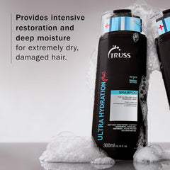 TRUSS Ultra Hydration Plus Shampoo bottles with foam highlighting intensive restoration and deep moisture for extremely dry, damaged hair