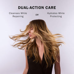 Model with long flowing hair illustrating TRUSS Ultra Hydration Plus Shampoo dual-action cleansing, repair, hydration and protection