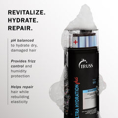 TRUSS Ultra Hydration Plus Shampoo with foam highlighting hydration, frizz control, humidity protection and hair repair benefits