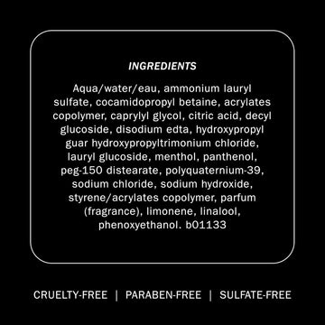 Ingredient list for TRUSS Ultra Hydration Plus Shampoo with cruelty-free, paraben-free and sulfate-free claims