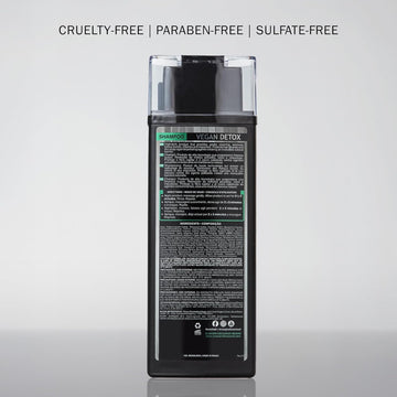 Back of TRUSS Vegan Detox Shampoo bottle showing directions, ingredients and product information.
