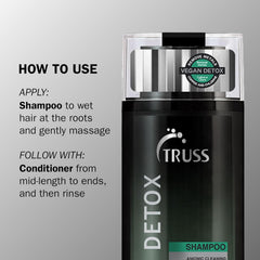 TRUSS Vegan Detox Shampoo application guide showing shampoo applied to wet hair at the roots, followed by conditioner from mid-lengths to ends.