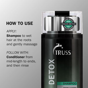 TRUSS Vegan Detox Shampoo application guide showing shampoo applied to wet hair at the roots, followed by conditioner from mid-lengths to ends.