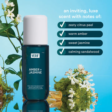 Verb Amber and Jasmine Hair and Body Fragrance Mist 5 oz with citrus peel, amber, jasmine, and sandalwood scent notes