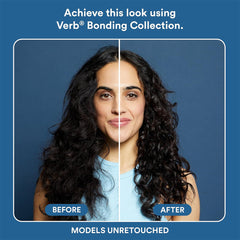 Before-and-after comparison showing long black curly hair looking smoother, shinier, and more defined with the Verb Bonding Collection.