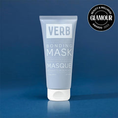 Verb Bonding Mask tube with a Glamour Beauty and Wellness Awards 2023 badge on a blue background.