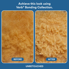 Before-and-after close-up of blonde hair using the Verb Bonding Collection