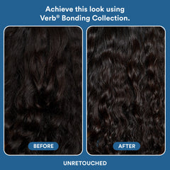 Before-and-after close-up of dark wavy hair using the Verb Bonding Collection