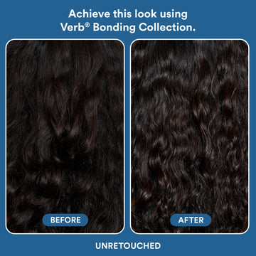 Before-and-after close-up of dark wavy hair using the Verb Bonding Collection