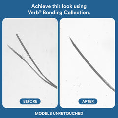Before-and-after close-up showing improved split ends using the Verb Bonding Collection