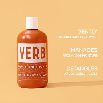 Verb Curl Conditioner highlighting nourishment for all curl types, frizz management, moisture, and detangling for waves, curls, and coils