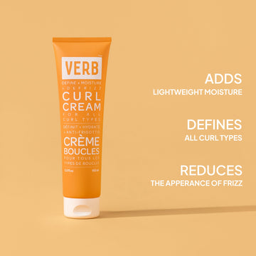 Verb Curl Cream 5.3 oz highlighting lightweight moisture, curl definition, and reduced frizz