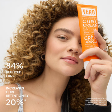 Verb Curl Cream 5.3 oz with claims of 84% reduced frizz and 20% increased curl retention based on third-party testing